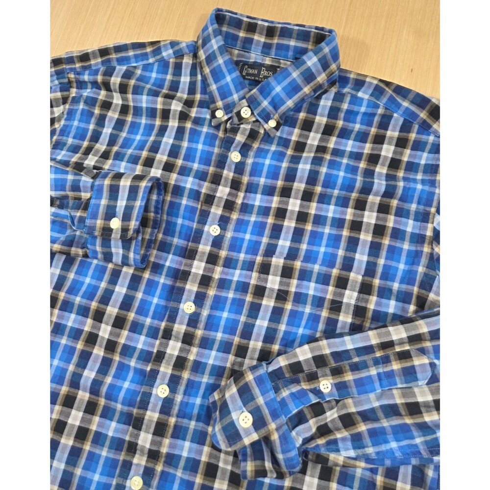 Vintage Gitman Bros Button Down Shirt Blue Tartan Plaid Long Sleeve Men's Large